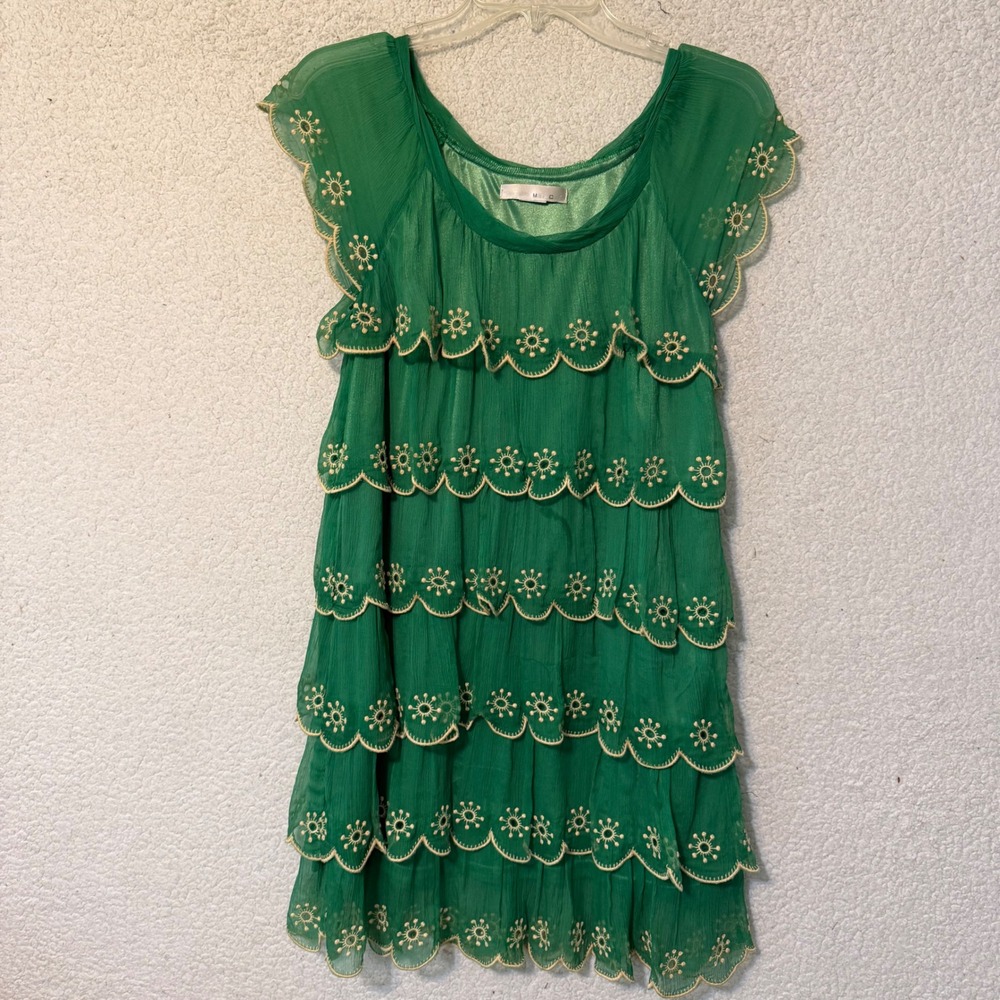 Miss Closet Tiered Mini Dress Womens Green‎ Embroidered Scalloped Ruffle Boho